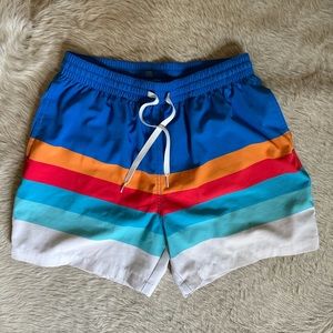 Chubbies swim trunks in a size medium, blue, orange, red, white stripes.